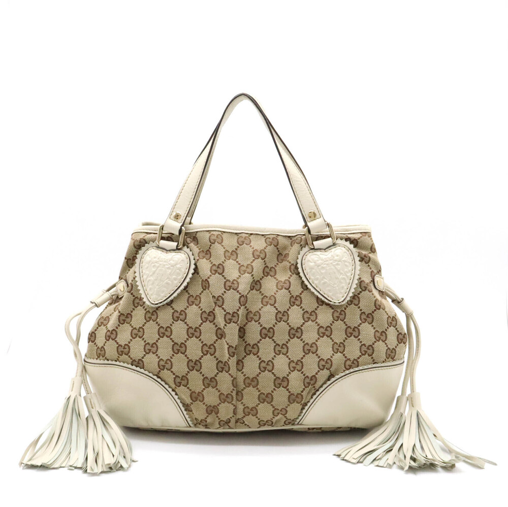 Gucci GG Canvas Crest Fringe Tote Bag Handbag Leather Beige Cream Ivory White